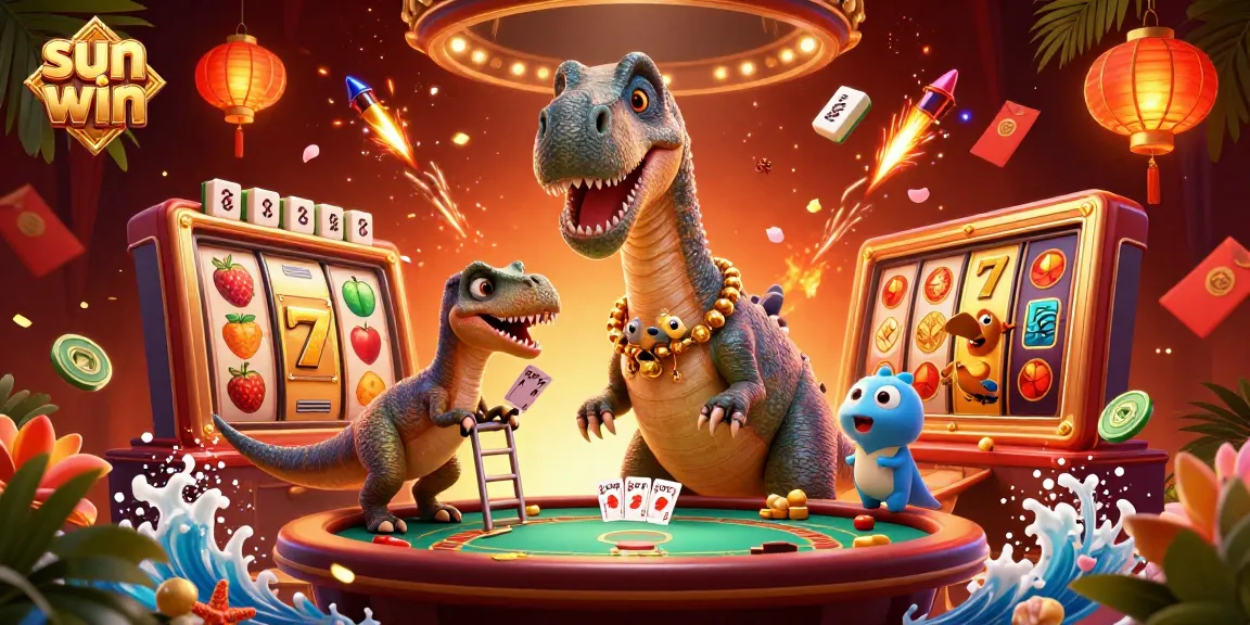 Engage with the thrilling Sun Win casino experience featuring vibrant slot elements and dynamic characters in a rich 3D scene.