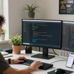 Creative tech workspace with a developer coding Telegram's 纸飞机中文版 on dual monitors.