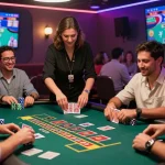Exciting andar bahar game in a vibrant live casino atmosphere with players and dealer engaged.