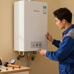 Expert boiler servicing belfast in a warm home setting, technician with tools ensuring efficient heating