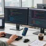 Developer coding at telegraimin.com workspace with dual monitors and laptop, showcasing a modern tech environment.