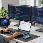 Developer in a modern workspace utilizing snipaste下载 for efficient coding and design collaboration