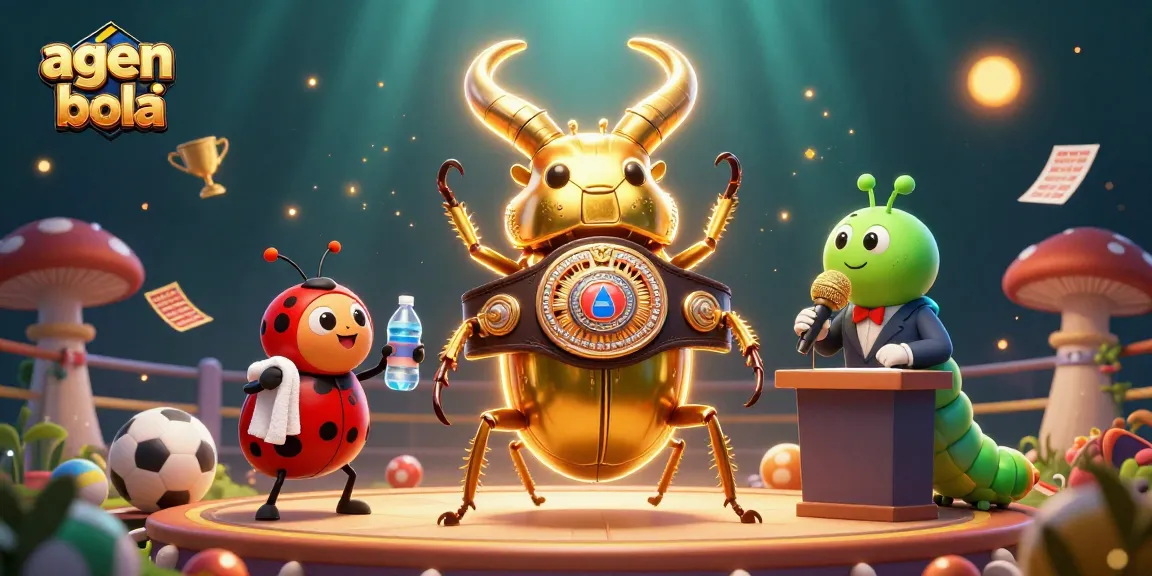 Bet on agen judi bola with a thrilling scene featuring a golden stag beetle champion, ladybug corner-man, and caterpillar announcer.