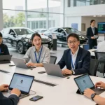 Automotive service training team practicing realistic customer conversations with AI technology.