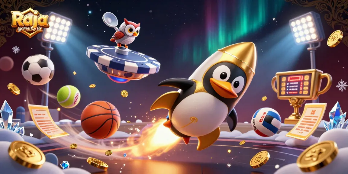 Experience the thrill of the Raja game login with a vibrant 3D penguin blasting off to a casino space station.