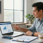 Business owner exploring merchant cash advance companies in a modern office setting with financial documents and a laptop.