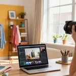 Foto ecommerce in uno studio urbano moderno con un fotografo al lavoro su abbigliamento di alta qualità.