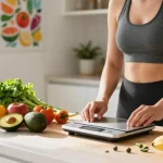 Exploring the best calorie tracking apps while preparing healthy meals in a bright kitchen.