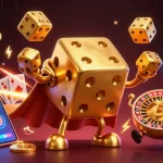 Engage with togel through a vibrant 3D illustration of a golden dice golem and crypto symbols.