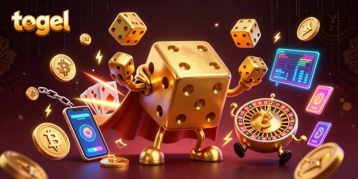 Engage with togel through a vibrant 3D illustration of a golden dice golem and crypto symbols.