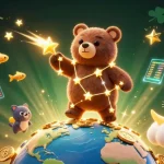 Win big with vb88 as a constellation bear joyfully scoops up coins amidst vibrant digital gambling elements.