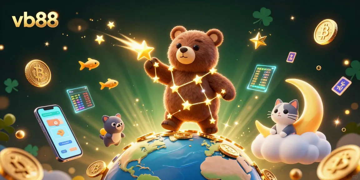 Win big with vb88 as a constellation bear joyfully scoops up coins amidst vibrant digital gambling elements.