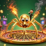 Experience online casino Australia with a vibrant scene depicting a golden spider and centipede croupier amid dynamic casino gaming elements.