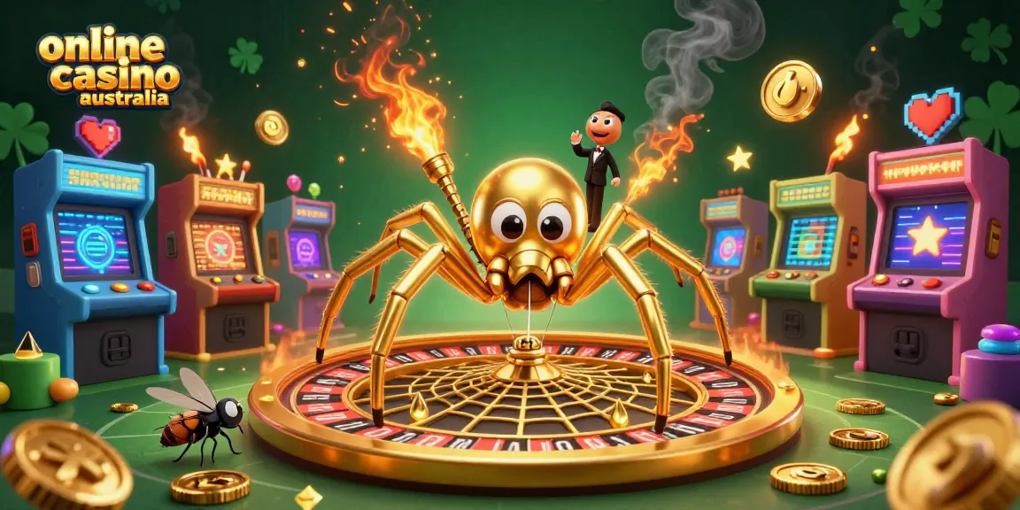 Experience online casino Australia with a vibrant scene depicting a golden spider and centipede croupier amid dynamic casino gaming elements.