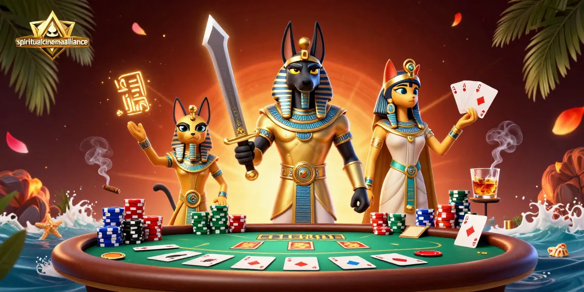 spiritualcinemaalliance features a vibrant poker scene with dynamic Egyptian characters and rich casino elements