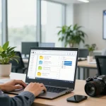 Modern office scene showing the rtps 4 platform for public services in use, highlighting digital applications and a collaborative environment.