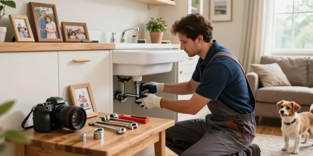 Reliable plumbing services Northampton showcased by a professional plumber fixing a kitchen sink in a warm, family-oriented home.