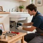 Reliable plumbing services Northampton showcased by a professional plumber fixing a kitchen sink in a warm, family-oriented home.