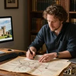 Engaging historical blog workspace highlighting the legacy of https://tyntescastle.com with texts and artifacts.
