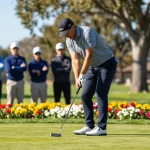 Penilaian mendalam mengenai putter di https://puttperfection.com/putter-reviews dengan golfer mempersiapkan pukulan di lapangan golf yang indah.