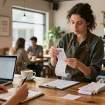 Barista kafe menganalisis nomor rejeki dari struk pembelian sambil mencatat angka di notepad.