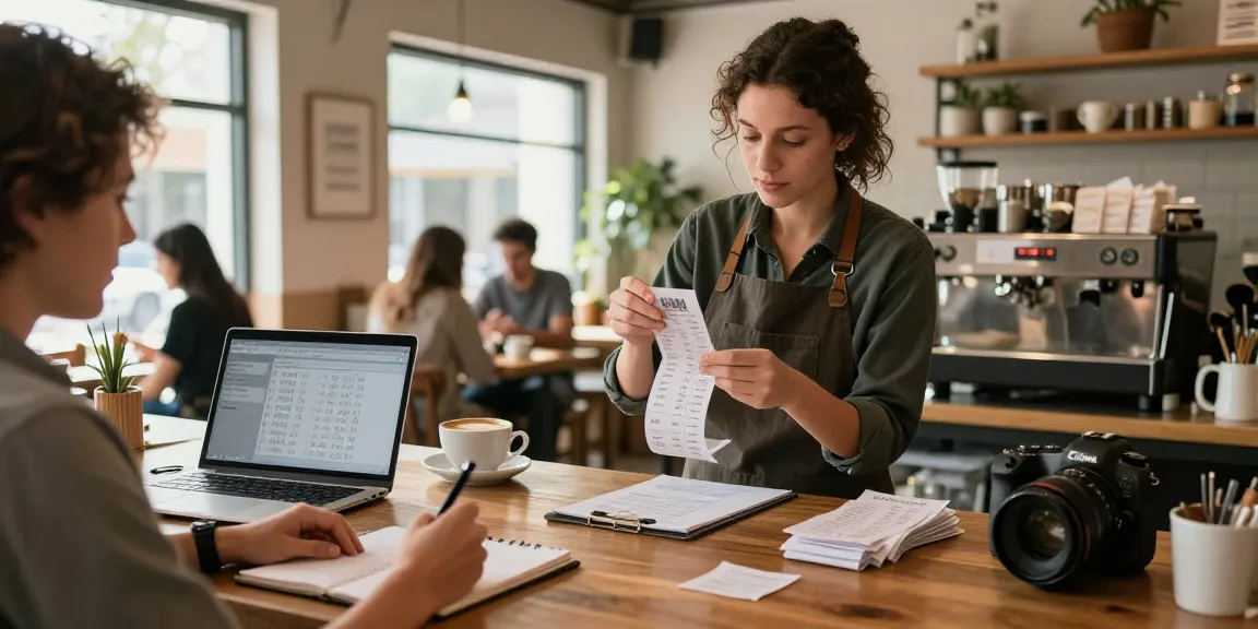 Barista kafe menganalisis nomor rejeki dari struk pembelian sambil mencatat angka di notepad.