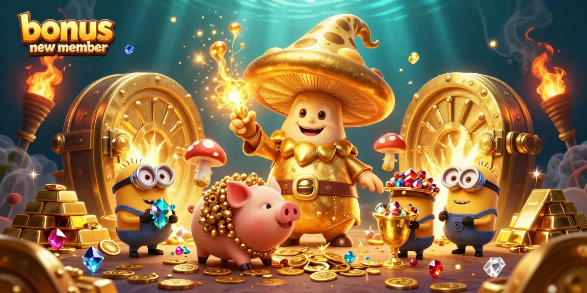 Engage with the bonus new member offer featuring magical treasures and vibrant casino elements.