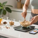Individual preparing breakfast with best calorie tracking apps on phone and fresh ingredients in a bright kitchen.