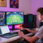 Engaged player enjoying online gaming and sports betting on link raja328 in a vibrant home setup.
