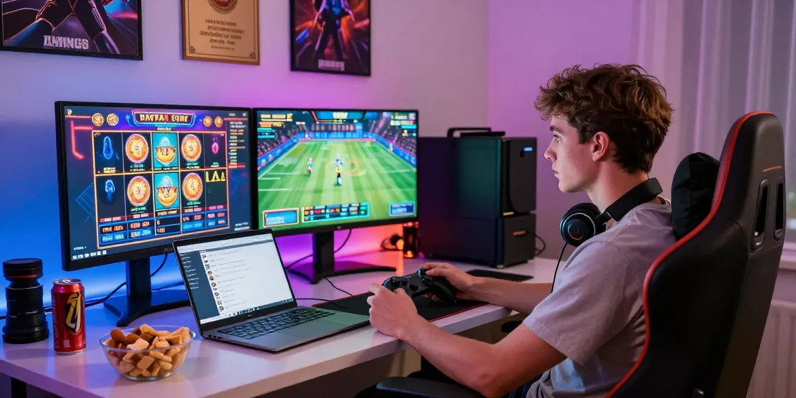 Engaged player enjoying online gaming and sports betting on link raja328 in a vibrant home setup.