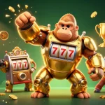 Experience safe and trustworthy 토토사이트 with exciting gameplay featuring a golden gorilla mech, vibrant sports balls, and dynamic action elements.