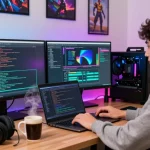 Software developer immersed in coding with kecak4d graphics in a cozy workspace featuring action figures and tech gadgets.