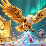 Experience the thrill of depo 5k with a cybernetic eagle guiding players through rich casino treasures and holographic cards.