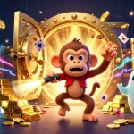 Engage with the lucky88 haunted casino scene featuring a whimsical monkey and curious puppy tracking golden treasures.