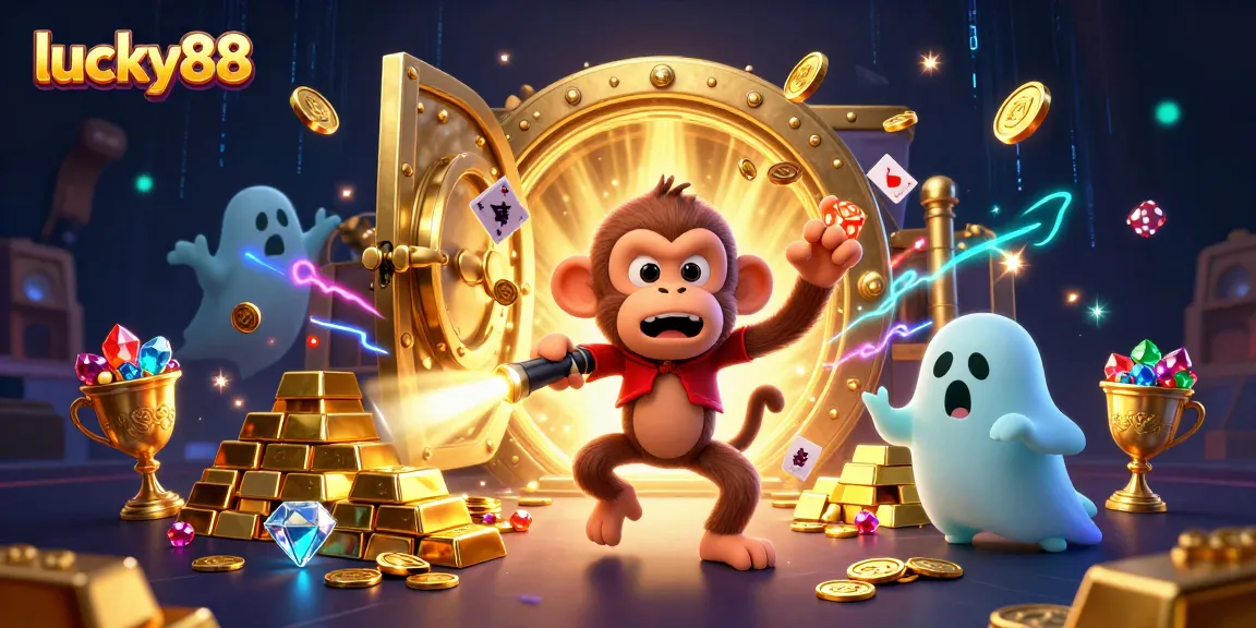 Engage with the lucky88 haunted casino scene featuring a whimsical monkey and curious puppy tracking golden treasures.