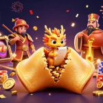 Spin to win on premium303 with an exciting illustration of a golden fortune cookie and wise dragon amid casino elements.
