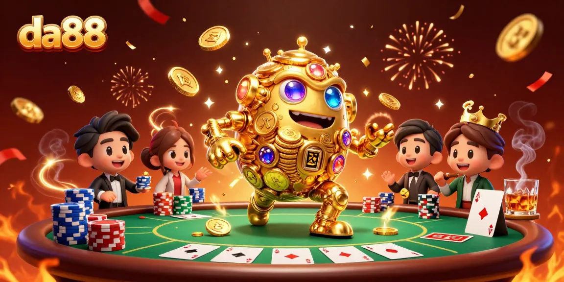 Engage with da88's immersive casino experience through a vibrant 3D illustration filled with excitement.