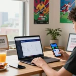 Engaging home office scene showing 토토사이트 platform on laptop, live sports betting setup.