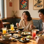 Enjoying diverse Asian cuisine and culture at https://hanadultalk.com with friends in a cozy café setting.