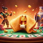 Engage with 9bet's vibrant casino adventure featuring a golden fortune cookie, dragon, and poker elements.