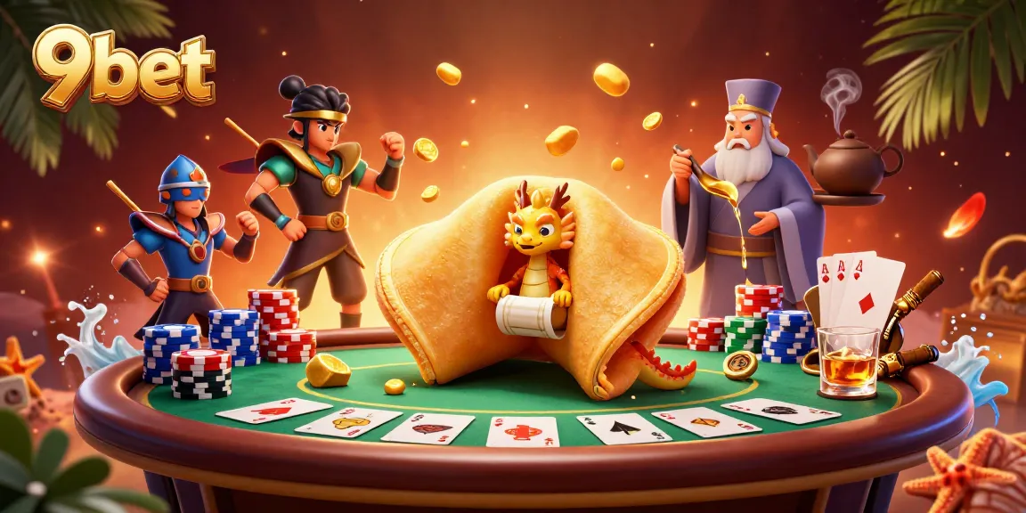 Engage with 9bet's vibrant casino adventure featuring a golden fortune cookie, dragon, and poker elements.