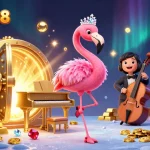 Experience sbobet88's thrilling casino vibes with a dazzling flamingo singer and a hippo bassist in a lavish setting.