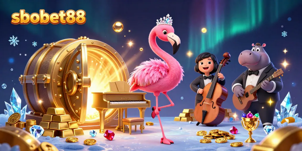 Experience sbobet88's thrilling casino vibes with a dazzling flamingo singer and a hippo bassist in a lavish setting.