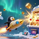 Experience exhilarating gaming with apk-sun's vibrant casino-themed 3D illustration showcasing a golden penguin and slot machine.