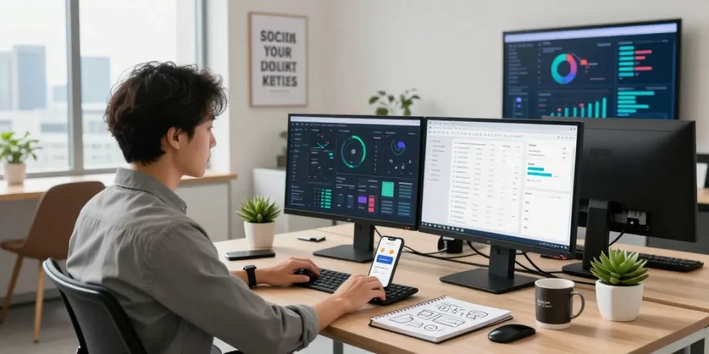 Digital marketing strategist at https://raja328.com/ analyzing SEO data in a modern office.