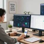 Digital marketing strategist at https://raja328.com/ analyzing SEO data in a modern office.