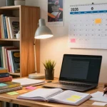 A study environment showcasing the 2026 neco timetable prominently on the wall, with a student focused on preparing for exams in a cozy workspace.