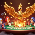 Engage with the thrilling action at situs resmi bola online featuring a molten golden phoenix and dynamic poker elements.