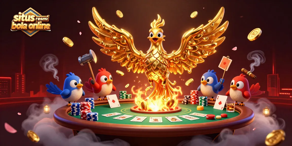 Engage with the thrilling action at situs resmi bola online featuring a molten golden phoenix and dynamic poker elements.