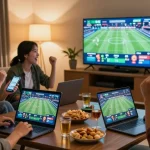 Engaged friends enjoying online betting experience at https://shbet.cruises/ while analyzing sports odds.